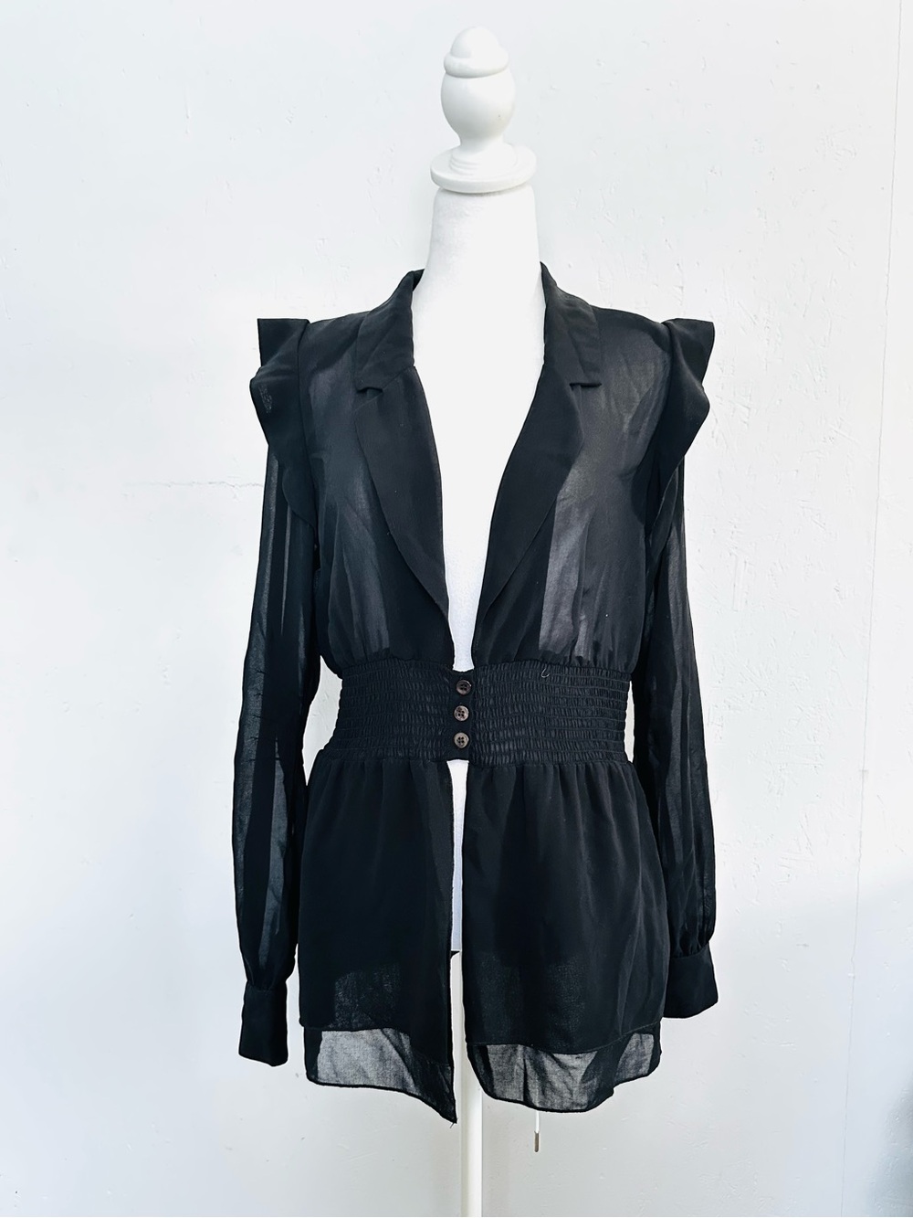 Women's Black Sheer Smocked-Waist Blazer